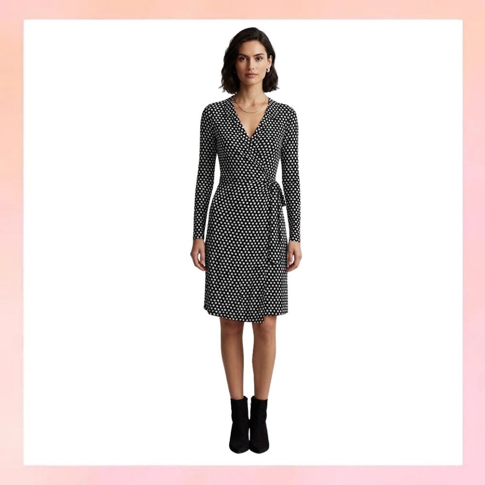 Banana Republic Black White Abstract Dot Wrap Dress XS Long Sleeve Mini